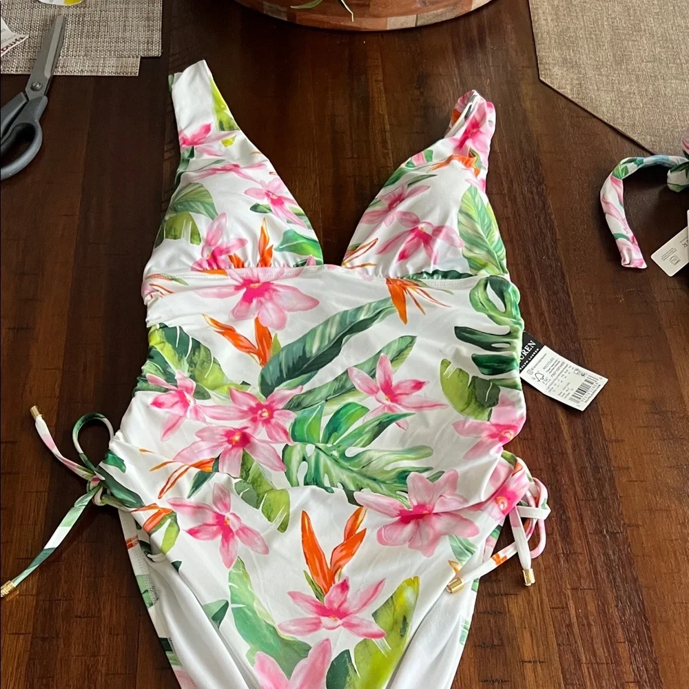NWT Ralph Lauren Women’s Tropical White and Green Leaf Print Swimsuit Size 12